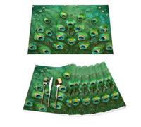 Green Peacock Feathers Pattern PVC Placemats Set of 6, Heat Resistant Woven Dining Table Mats, Washable Kitchen Placemat for Table Protection Home Decor 18 x 12 In