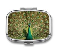 Green Peacock Pill Box 2 Compartment Square Metal Pill Organizer Portable Mini Travel Medicine Case with Mirror Cute Medicine Container Holder for Pocket Purse