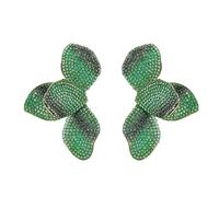 Green personalized earrings featuring exaggerated diamond-studded flowers, with a simple and niche style