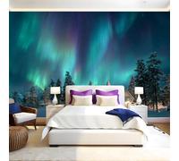 Green Photo Wallpaper 3D Effect Northern Lights Snow Scene Mural Wallpaper Non-Woven Wall Mural, 350 x 256 cm Large Murals Wall Decor for Bedroom, Living Room, Kids Room