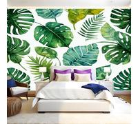 Green Photo Wallpaper 3D Effect Watercolor Palm Leaves Mural Wallpaper Non-Woven Wall Mural, 350 x 256 cm Large Murals Wall Decor for Bedroom, Living Room, Kids Room