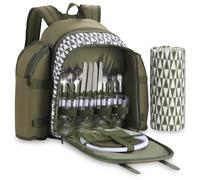 4 Person Picnic Backpack with Full Dining Set and Blanket VonShef Green One Size