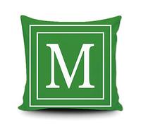 Green Pillow Cover with White Letter Monogram M and Stripes English Alphabet Initial Decorative Square Throw Cushion Case for Bed 45cmx45cm