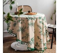Green Pine Branch Print 150CM Round Tablecloth with Tassels - Boho Decor for Circular Tables, Xmas