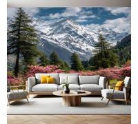 Green Pine Tree Wall Mural Snow Mountain Landscape Photo Poster Mural Wallpaper Non-Woven Premium Art Print Living Room Bedroom Nursery TV Background Home Decor 300 x 210cm