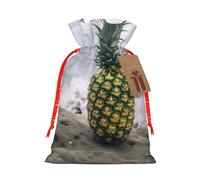 Green Pineapple in Seaside Printed Christmas Drawstring Bags,M | Reusable Xmas Gift Storage Bags, Red Christmas Ribbon