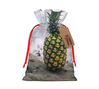 Green Pineapple in Seaside Printed Christmas Drawstring Bags,S | Reusable Xmas Gift Storage Bags, Red Ribbon