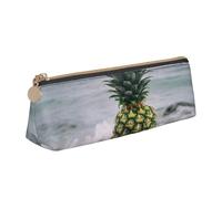 Green Pineapple in Seaside Printed Triangle Leather Pencil Case for Girls Boys, Zipper Pencil Bag Pen Pouch Bag Organizer for Student School Office College