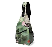Green Pink Lotus Chest Bag Fashion Casual Crossbody Bags Exquisite Small Sling Backpack Full Printed Shoulder Pack Convenient Daypack Phone Bag for Travel Workout Outdoor