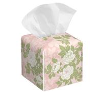 Green Pink Rose Vine Tissue Box Cover Leather Decorative Square Tissue Cube Boxes Holder with Bottom Belt Case Organizer for Bathroom Home Car Decor