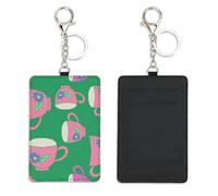 Green Pink Teacup Work Card Holder with Key Ring Bus Pass Holder for Men Women with 2 Card Slots Slim Wallet for Nurse Teacher Student Meal Bank Credit Cards Daily Use Travel Essentials