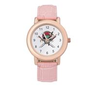 Green Pirates-Skull Funny Watches for Women Pink Leather Strap Quartz Watch for Small Wrists