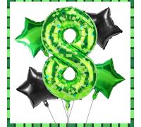 Green Pixel Number Eight Balloons Set, 5pcs 40in 8th Birthday Aluminum Foil Eighth Balloons Mining Theme Decor for Boys Girls Pixel Birthday Party Decorations (Number 8)