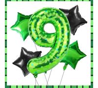 Green Pixel Number Nine Balloons Set, 5pcs 40in 9th Birthday Aluminum Foil Ninth Balloons Mining Theme Decor for Boys Girls Pixel Birthday Party Decorations (Number 9)