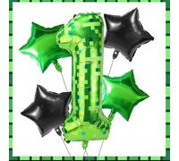 Green Pixel Number One Balloons Set, 5pcs 40in 1st Birthday Aluminum Foil First Balloons Mining Theme Decor for Boys Girls Pixel Birthday Party Decorations (Number 1)