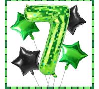 Green Pixel Number Seven Balloons Set, 5pcs 40in 7th Birthday Aluminum Foil Seventh Balloons Mining Theme Decor for Boys Girls Pixel Birthday Party Decorations (Number 7)