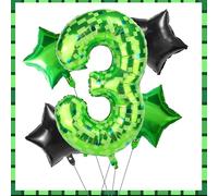 Green Pixel Number Three Balloons Set, 5pcs 40in 3th Birthday Aluminum Foil Third Balloons Mining Theme Decor for Boys Girls Pixel Birthday Party Decorations (Number 3)