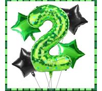 Green Pixel Number Two Balloons Set, 5pcs 40in 2nd Birthday Aluminum Foil Second Balloons Mining Theme Decor for Boys Girls Pixel Birthday Party Decorations (Number 2)