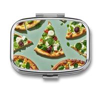 Green Pizza Slices Pill Box 2 Compartment Square Pill Box for Pocket Purse Portable Travel Medicine Tablet Vitamin Holder Organizer Mini Decorative Pill Case