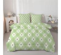 Green Plaid King Size Duvet Anti Allergy Coverless Duvet King Size for All Seasons - 7.5 Tog Geometric Blocks Bed Quilts Set - Soft & Washable Bedding Comforter with 2 Pillowcases