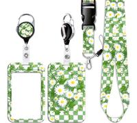 Green Plaid Retractable ID Lanyard with Card Holder Work Flowers Heavy Duty Badge Holder Reel Clip Breakaway Cute Daisy Neck Lanyard for Keys ID Badge for Women Girls Preppy School Reel ID Holder