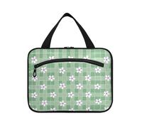 Green Plaid Small Flowers Hanging Men Toiletry Bag with Hook, Designer Necessities Cosmetic Makeup Bag for Women Traveling Cruises bolsas para maquillaje L
