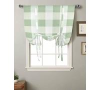 Green Plaid Tie Up Curtains for Windows, Adjustable Minimalism Modern Rod Pocket Valance Shade, Light Filtering Buffalo Lattice Window Treatment for Kitchen Bedroom Living Room 46"x 63"