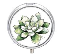 Green Plant Pattern Pill Box - 3 Compartment, Round Metal Pill Case with Mirror, Portable Medicine Holder for Purse/Wallet/Travel
