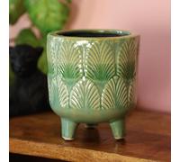 Green Plant Pot With Feet 14.5cm, 6inch Dark Leaf Pattern Tripod Planter Glazed Finish Indoor Houseplant Stand