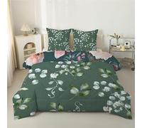 Green plants Duvet Super King Size, Coverless Duvet 7.5 Tog with Pink Floral Print, Soft Lightweight Comforter Set, 1 Superking Quilt 260x220cm with 2 Pillowcases, Machine Washable Retro P105