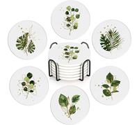 Green Plants Set of 6 Absorbent Ceramic Coasters with Cork Base & Holder,10cm Round Drink Mats for Mugs, Wine Glasses - Spill Protection for Wood/Glass Tables
