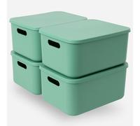 Green Plastic Storage Box with Lids,4Pack Stackable Plastic Storage Baskets with Stackable Cupboard Organiser for Shelves,Kitchen,Bathroom,Playroom,Classroom,Office,Nursery,Home,Desktop Organizer