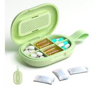 Green Portable Pill Organiser with Handle - Eco Travel Pill Box with Moisture-Proof Desiccant Slot, Adjustable 3-6 Sections, Large Capacity, BPA-Free Natural Wheat Fibre