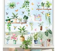 Green Potted Plants Summer Window Stickers Plant Flower Birds Window Decals | Anti-Collision Window Clings Spring for Home Office Classroom Decor