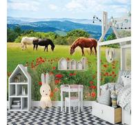 Green Prairie Red Flowers Animal Horse 3D Wallpaper Luxury Home Dining Decor Paste Sofa Living Room The Wall for Bedroom Mural-300cm×210cm