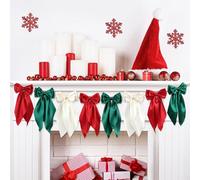 Green Red Christmas Bow Garland Banner, Satin Ribbon Bows Banner Christmas Bow Hanging Garland Ornaments for Home Office Mantel Fireplace Wall Staircase Decor, Holiday Xmas Party Decorations