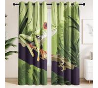 Green Red-eyed Tree Frog, Rainforest Branch, Animal Blackout Curtains - Bold Lines, Flat Painting, Simple Eyelet Curtains, 2 Window Curtain Panels for Modern Master Bedroom