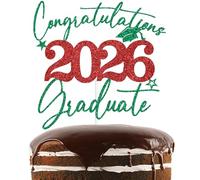 Green & Red Glitter Congratulations 2026 Graduate Cake Topper, Congrats 2026 Grad Decorations, 2026 Senior High School College University Graduation Party Decorations Supplies