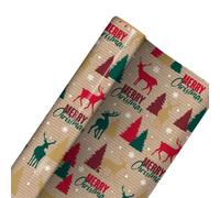 Green & Red Stag Christmas Recyclable Kraft Gift Wrapping Paper Roll 7m - Eco-Friendly Festive Present Wrap
