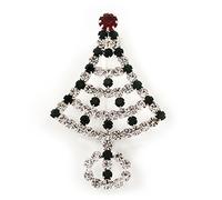 Green/Red/White Crystal 'Christmas Tree' Brooch In Silver Plating - 6cm Length