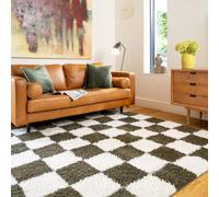 Green Retro Checker Rug Soft Plush Pile High Density Comfort Stain Resistant Carpet Bedroom Lounge Living Room Mat Cozy Mid-Century Boho Interior Style Rugs 240cm x 330cm (7ft 10" x 10ft 10")