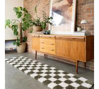 Green Retro Checker Rug Soft Plush Pile High Density Comfort Stain Resistant Carpet Bedroom Lounge Living Room Mat Cozy Mid-Century Boho Interior Style Rugs 60cm x 240cm (1ft 12" x 7ft 10")