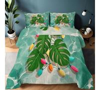 green Reversible Printed Comforter, All-Season Art Monstera Colored Lights Marble Texture Patterned Down Alternative Duvet Insert, Luxury Gentle Soft Quilted Bedding with Anti-Clump Tech, 200×200 cm