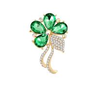 Green Rhinestones Flower Brooch Lapel Pins for Women Elegant Gold Plated Crystal Leaf Clover Floral Brooches Pin for Suit Dress Party Wedding Holiday Clothes Accessorries Her Mom