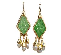 Green Rhombus Jade Carved Cultured White Freshwater Pearl Dangle Stud Earrings vintage style for women