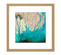 Green Rivers Abstract Drip 8X8 Inch Square Wooden Framed Wall Art Print Picture with Mount Artery8 Light Oak One Size