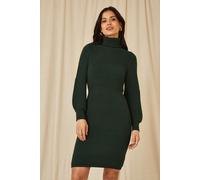 Green Roll Neck Knitted Dress With Fitted Waist Yumi Green L