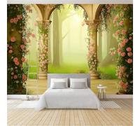Green Romantic Wonderland Roman Columns Rose Arch Photo Wallpaper - 300 x 210 cm Non-Woven Premium Print Wall Mural, Large Feature Wall Decoration for Living Room Bedroom Office Dining Room Kid's Room