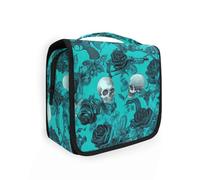 Green Rose and Skull Cosmetic Bags with Zipper with Hanging Hook Essentials toiletries Bag Vacation