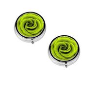 (Green Rose) Round Pill Box with 3 Compartment Small Pill Organizer Portable Pill Case Vitamin Containers, Travel Essentials 4.6x4.6x1.8 cm